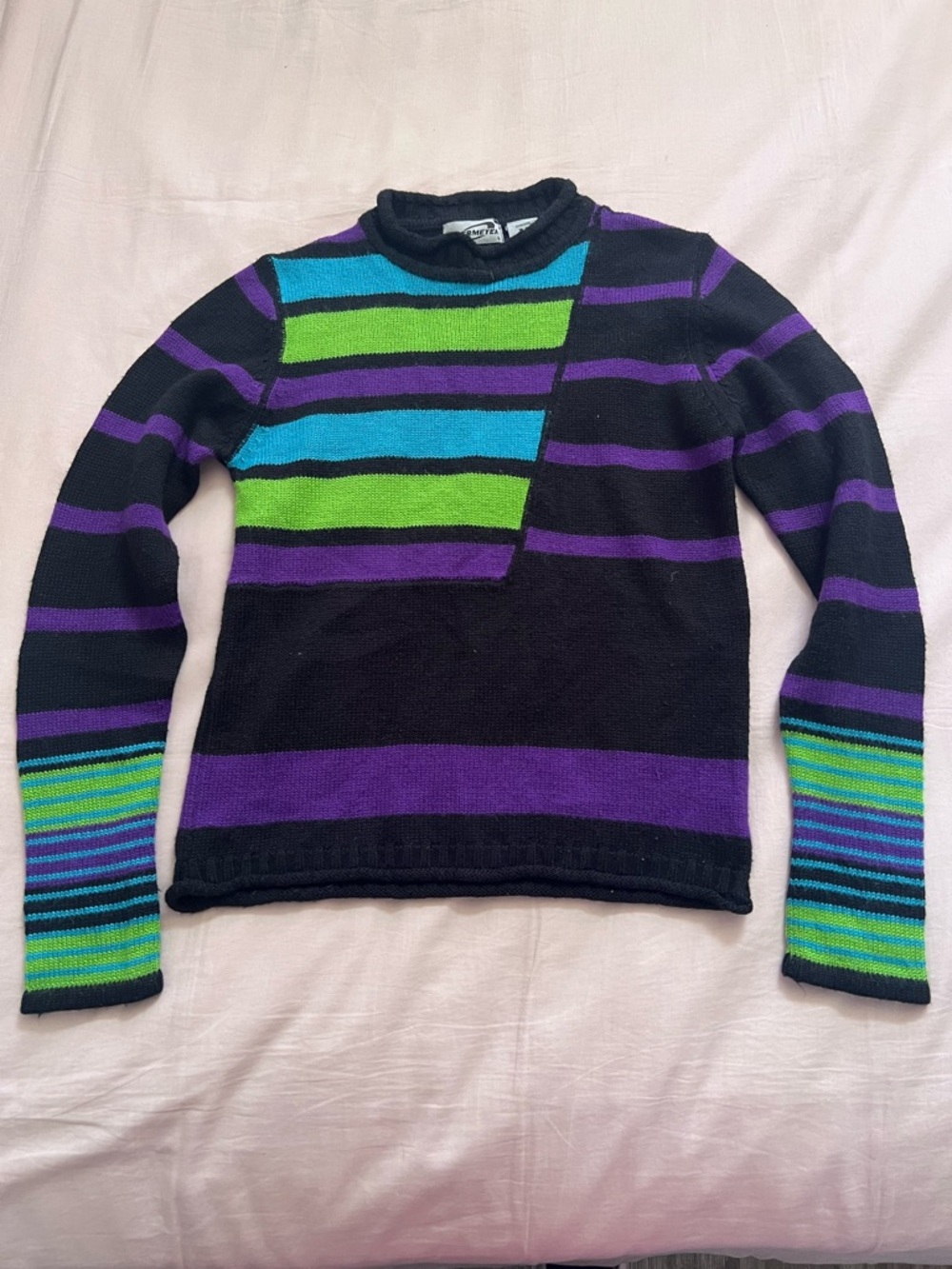 Obermeyer Black Sweater with Purple, Blue & Green Stripes